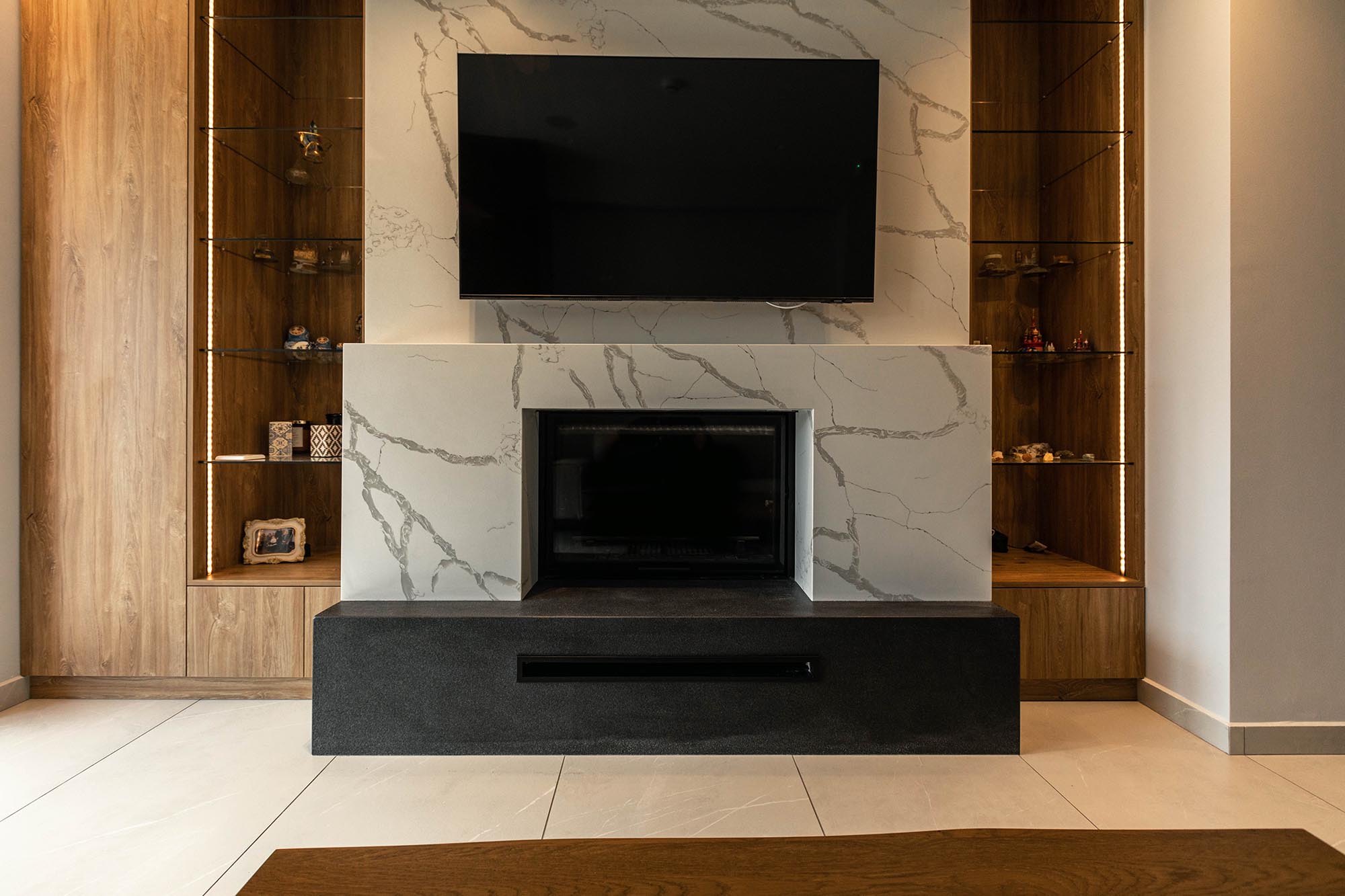 luxury apartment minimal neutral modern design fireplace